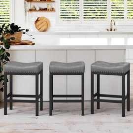 LUE BONA Counter Height Bar Stools, 24 Inch Saddle Backless Bar Stools Set of 3 for Kitchen Counter, Faux Leather Counter Stools with Black Metal Legs, Modern Kitchen Island stools, Dark Gray