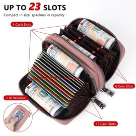 GADIEMKENSD Dual Zipper Card Wallet with RFID Blocking Huge Capacity Genuine Leather Travel Wallets Women Men Purse Accordion Card Holder Money Clip for Credit Cards Key Chain Changes Pink