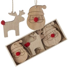 9 Boxed Wooden Santa & Deer Tree Hanging Decorations, Wooden Bauble Set With Pom Poms, Childrens Christmas Tree Decorations