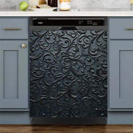 BlissYard Black Floral Dishwasher Magnet Metal Wave Flower Pattern Cove Refrigerator Magnetic Panel Decals Carved Flowers Black Vines Art Skin Sticker for Fridg Fridge Door Cover Magnetic 23x26 Inch