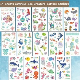 CHARLENT Luminous Ocean Animals Tattoos for Kids - 14 Sheets Glow in The Dark Under The Sea Creature Temporary Tattoos for Boys Girls Birthday Party Favors Goodie Bag Fillers