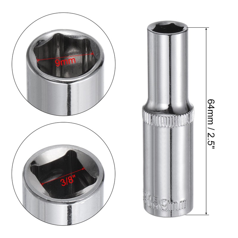 uxcell 2 Pcs 3/8 Inch Drive 9mm 6-Point Deep Socket,