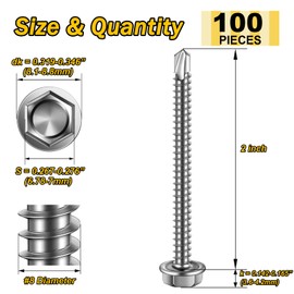 Mywish 100pcs #8×2" Self Tapping Screws for Metal, 410 Stainless Steel, Hex Washer Head Self Drilling Screws, High-Strength Self Tapping Sheet Metal Tek Screws