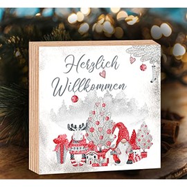 Wooden Picture "Frohe Weihnachten Herzlich Willommen Gnome" Merry Christmas Watercolours 15 x 15 x 2 cm to Stand/Hang Up 3D Real Photo Direct Print on Coated Birch Wood