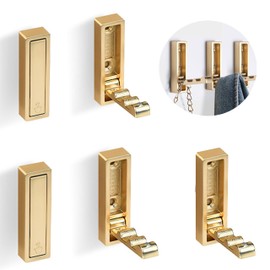 5 PCS Foldable Gold Wall Hooks,Modern Minimalist Clothes Hooks Invisible Hooks,Clothes Wall Hooks,Kitchen Folding Clothes Hook,Heavy Duty for Coats, Towels, Backpacks, Bags
