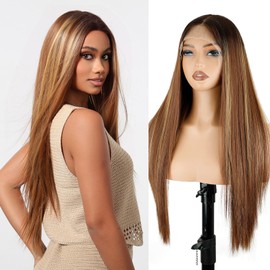 Kurope 13x4 Synthetic Lace Front Wig for Women Omber Brown Mixed Blond Highlight Long Straight Lace Wig Pre-Plucked Lace Wigs with Baby Hair 26inch Wigs for Beginner Friendly
