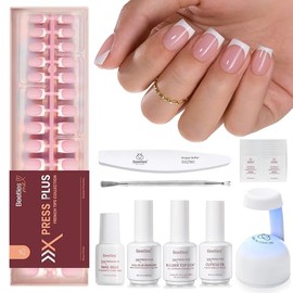 Beetles X Press Plus On Nails Kit-Short Square French Tip Press On Nails Kit with 150Pcs Pink French Nail Tips Nail Glue & Remover Builder Top Coat Nail Lamp,All-in-One DIY Fake Nails Gift for Women