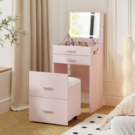 Airynee 3 in 1 Vanity Desk, Compact Vanity with 3 Drawers, Makeup Desk with Flip-up 3 Colors Lighting Mirror and Cushioned Stool, Small Vanities Nightstand Perfect for Bedroom, Pink
