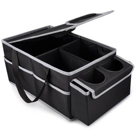 GUWINA Car Backseat Organiser, Multi Compartment Foldable Car Seat Organiser for Front and Back Seats, Car Boot Organiser with Lids and Straps Best for Clothes, Toys, Office Products (Black)