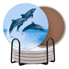 Dolphin Jumping Ocean Coastal Round Coasters Set of 6 - Abosrbent Ceramic with Metal Stand for Drinks, Coffee, Non-Slip Cork Back for Tabletop Protection, 4 Inches (Jumping)