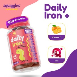 Squiggles Kids Daily Iron+ Gummies - Chewable Supplement with Iron, Multivitamin for Children, Low Sugar, Vegan, Toddler Gummies, Yummy Grape Flavor (100 Count)