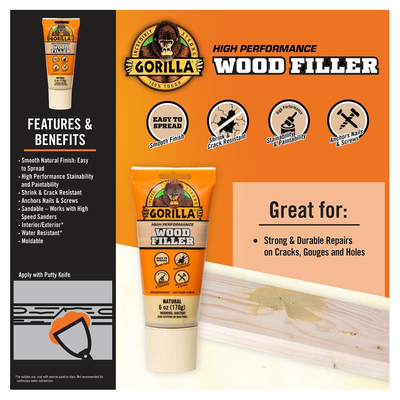 Gorilla All Purpose Wood Filler, 6oz Tube, Natural (Pack of