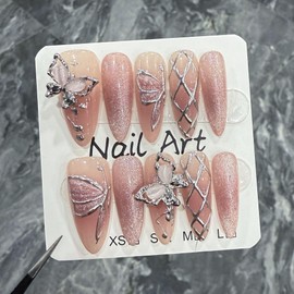 Handmade Press On Nails Long MouyouGlow, Almond Blush Pink 3D Diamond Butterfly Cat Eye Magnetic Geometric Y2K Coquette Black Resuable Fake Nails, Handmade Artificial Fingernails, 10 Pieces 407-S