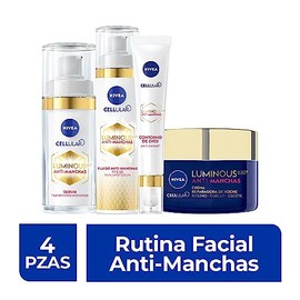 NIVEA Kit Anti-manchas Rutina Facial Completa Luminous 630 (4 piezas), Enriquecida con Ácido Hialurónico Serum facial + Fluido facial con Vitamina E y FPS50 + Contorno de Ojos Anti-ojeras + Crema de Noche Reparadora