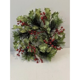 Unbranded Christmas Candle Ring Wreath Plastic Holly Berries  Glitter 10 1/2” Round