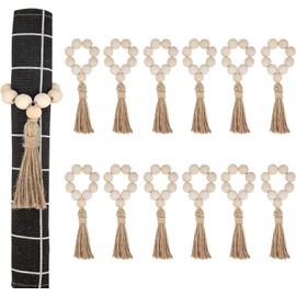 Uposao Wood Bead Napkin Rings Set of 12, Wooden Rustic Napkin Holders Boho Handmade Serviette Buckles with Tassels Natural Beaded Napkin Rings for Thanksgiving Wedding Party Table Decoration