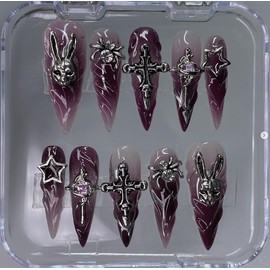 Gothic Cross Star Press On Nails | Black Chrome Marble Nail Art | 3D Silver Cross & Dark Aura Gradient Nails for Edgy Vibes:_S 15,11,12,11,8_Long Coffn