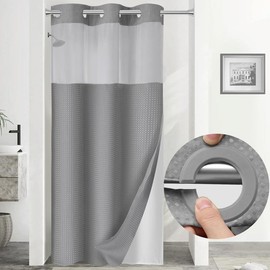 No Hook Shower Curtain with Snap in Liner Set Less Time Beige Waffle Shower Curtain for Bathroom 75" L x 72" W - Color: grey, Size: Extra Width 75"L x 78"W