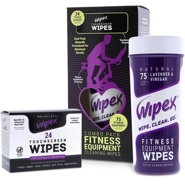 Wipex Gym Wipes & Screen Wipes for Electronics Combo Pk - 75ct Canister Fitness Equipment Cleaner Wipes & 24ct Touch Screen Wipes Individually Wrapped Safe for All Fitness Equipment and Touch Screens