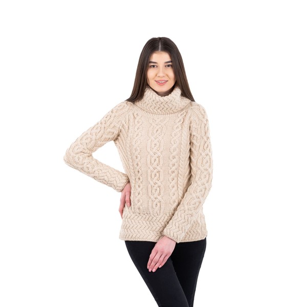 SAOL Women's 100% Merino Wool Fisherman Funnel Neck Cable Knit