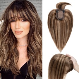 S-noilite Hair Toppers for Women Real Human Hair Topper with Bangs 100% Remy Human Hair Toppers Wigs Clips in Hair Pieces for Thinning Hair/Hair Loss(6 Inch,Medium Brown&Dark Blonde)