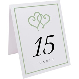 Linked Hearts and Border Wedding Table Numbers (Select Color/Quantity), White, Sage, 1-45, Double Sided, Tent or Use in a Stand, Great for Parties & Restaurants