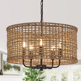 YOMECOO Hand-Woven Rattan Chandelier Vintage Farmhouse Boho Bamboo Chandelier Light Fixture Rustic Retro 5-Lights Drum Wicker Rattan Black Chandelier for Dining Room, Kitchen, Living Room, E12