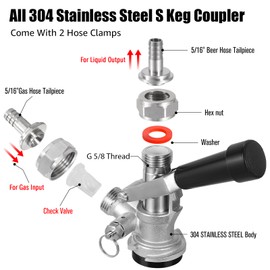 Ferroday All 304 Stainless Steel S System Keg Coupler, European Sankey Keg Coupler, Beer Keg Tap Kegerator Parts S Type Sankey Coupler with 5/16'' Beer Barb Gas Tailpiece, 2 Hose Clamp, Relief Valve