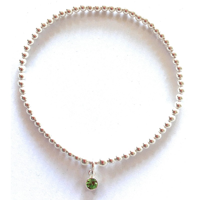 Sterling Silver 925 Beaded Stretch Bracelet with Peridot/August Birthstone Bezel