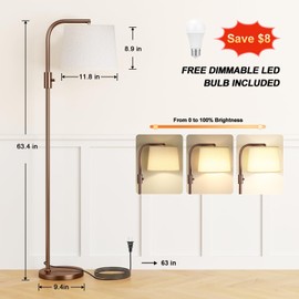 Ambimall Fully Dimmable Floor Lamp - Floor Lamps 9W LED Light Bulbs, Standing Lamps for Living Room with Adjust Head, Modern Standing Light Rotary Switch, Tall Lamp for Bedroom(Brown and Light Beige)