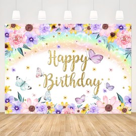 APROPHIC Girls Happy Birthday Banner Background Colourful Flowers Butterfly Happy Birthday Banner Photo Background Rainbow Happy Birthday Garden Logo Party Decoration 210 x 150 cm