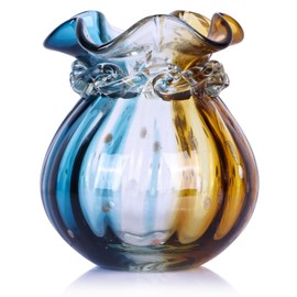 oliruim Hand Blown Glass Vase, Modern Blue Brown Blown Round Art Glass Vase Home Centerpiece for Dining Room, Coffee Table, Office Desk, Wedding, Beautiful Stained Glass Decor Flower Vase