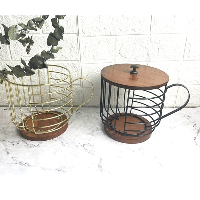 Coffee Pod Holder Iron Large Capacity Space Saving Wooden Base