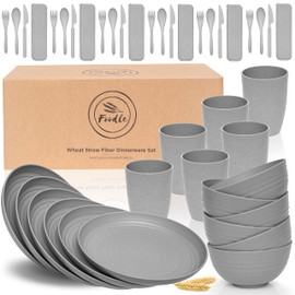 FOODLE Wheat Straw Dinnerware Set - BPA Free & Safety Certified - Unbreakable, Microwave & Dishwasher Safe - Dorm & RV Dishes - Camping Plates Cups and Bowls Set - Great for Kids & Adults - For 6