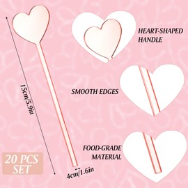 HOMMDECO 20 PCS Heart Shaped Acrylic Drink Stirring Rod Reusable Coffee Swizzle Sticks Wedding Party Birthday Cocktail Decorations Dishwasher Safe (Pink)