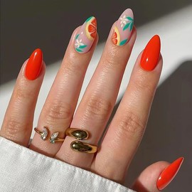 24 Pcs Orange Red Press on Nails Short Almond - YEFIUO Fake Nails Press ons Nail Art Tips Glue on Nails with Fall Orange Flower Design Full Cover Acrylic False Nails Stick on Nail Kit for Women