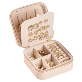 Travel Jewelry Box, PU Leather Small Jewelry Organizer for Women Girls, Portable Mini Travel Case Display Storage Holder Boxes for Stud Earrings, Rings, Necklaces (Apricot color)