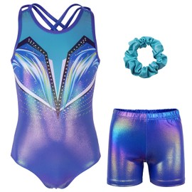 MODAFANS - Maillot de gimnasia para niñas con brillo de ballet, danza, ciclismo, pantalones cortos con espalda cruzada, Diamante de línea turquesa, 4-5T