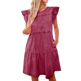 luvamia Ruffle Sleeve Babydoll Dress for Women Jean Dresses for Women Denim Mini Dresses for Women Western Wear for Women Women Dresses Casual Baroque Rose Size Small Fits Size 4 / Size 6