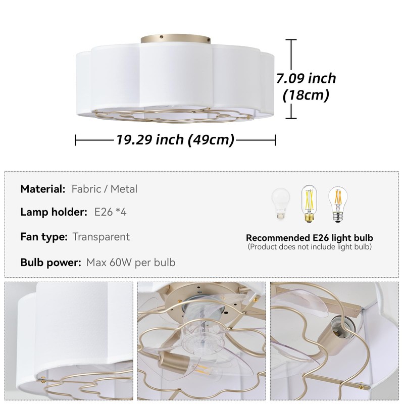 Phrylix 20" Boho Bladeless Ceiling Fans with Lights, Low Profile