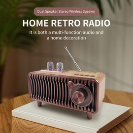CYBORIS Retro Bluetooth Speaker Radio, Walnut Wood Vintage Rotary FM Radio, 20W Dual Speakers Stereo,with U Disk/TF Card/Aux Player Function,Wireless Speakers for Home, Office Decor (Rosewood-Gold)