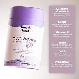 Health Hack Multi Women Gomitas Multivitamínico para Mujer, Sabor Fresa, con 27 Ingredientes, Vitaminas, Minerales, Mio-Inositol, Probióticos, Biotina