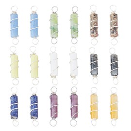 SUPERFINDINGS 18Pcs 9 Styles Natural Gemstone Connectors Charms Column Silver Wire Wrapped Links Crystal Stone Charms for Earring Necklace Bracelet Jewelry Making 25mm