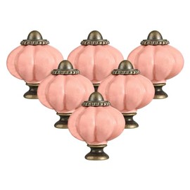 6Pcs Pink Pumpkin Knobs Vintage Ceramic Cabinet Knobs Retro Dresser Knobs Pulls with 3 Size Mounting Screws for Door Drawers Closet Cupboard Kitchen Furniture