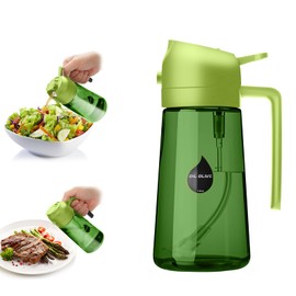 Sezbaifles 2 in 1 Oil Sprayer for Cooking, Olive Oil Dispenser Bottle for Kitchen Spray and Pour, 16oz/470ml Light-Blocking Dark Green Glass Bottle, Food-Grade Oil Mister for Air Fryer Green Cap