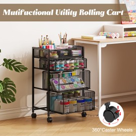 4-Tier Rolling Utility Cart with 3 Drawers, Craft Organizer and Storage with DIY Divider, Art-Craft Supplies with Caster Wheels, Multi-Functional Storage for Classroom, Office, Paints, Artifacts