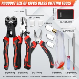 Alwalkee 13-Piece Glass Cutting Tool Kit, Oil Feed Cutter with Running Pliers & Tile Nippers for 2-20mm Stained Glass, Mosaic