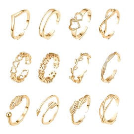 KEQAR 12pcs Toe Rings for Women, Anklet and Toe Ring Set, Adjustable Anklet Jewellery, 925 Silver Toe Rings for Women, Gold Toe Rings (Gold)
