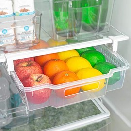 Smart Design Refrigerator Pull Out Bin & Home Organizer w/Extendable Rails & Handle - BPA Free - for Fridges & Freezers Food Storage - Holds 20 lbs - Kitchen (Extra Large) Clear - Set of 2