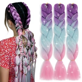 Ombre Jumbo Braiding Hair Colorful Tinsel Hair Extension 24 Inch 3pcs Synthetic Braids Rainbow Hair for Girls Women,Glitter Fake Hair for Festival Rave,Light Purple to Lake Blue to Pink Glitter